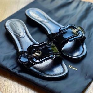sandals, slides, black, patent, flats
